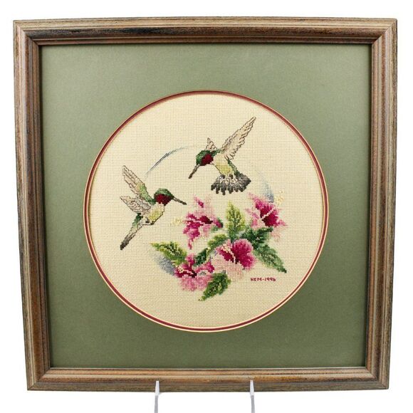 Hand Crafted Other - Vintage Needlepoint Hummingbirds Pink Flowers Embroidery Framed Art Signed 1996